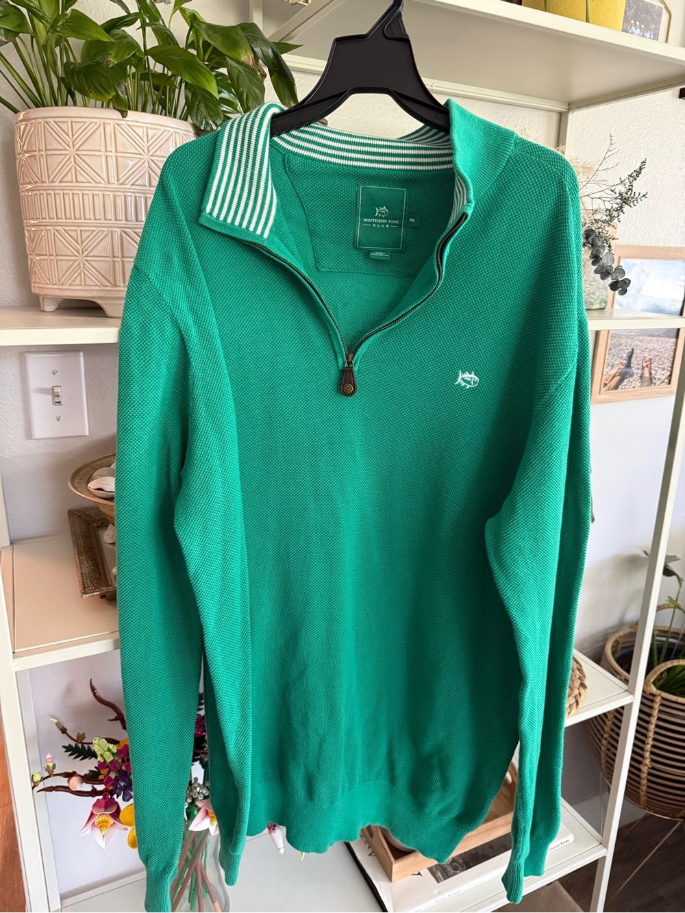 Southern Tide Men's Teal Green Quarter-Zip Sweater with Striped Collar